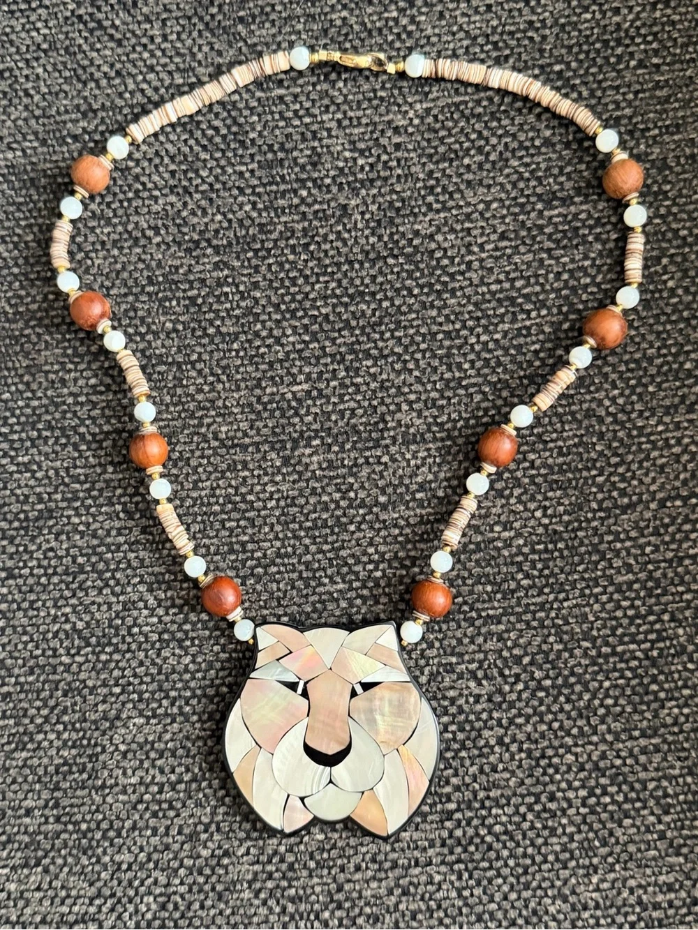 Inlaid cougar head pendant on beaded necklace 1970s